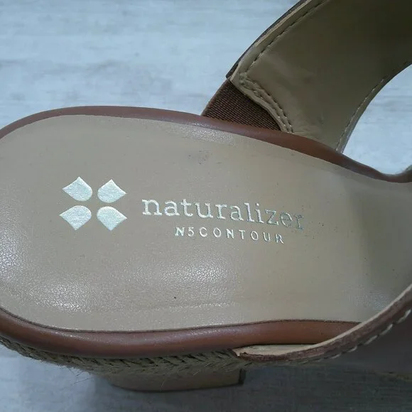 Naturalizer Evette Cognac Leather Slides Platform Wedge Peep toe Sandals 12 Wide - Picture 6 of 14